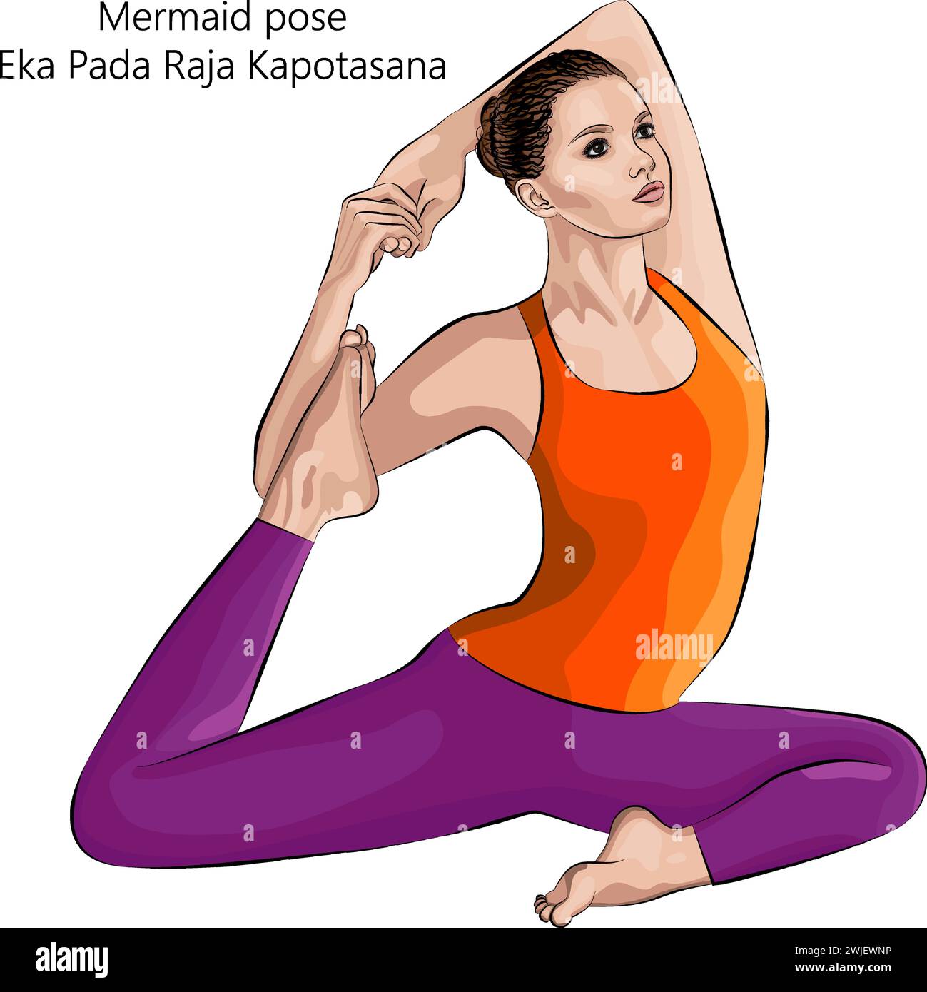 Young woman doing yoga Eka Pada Raja Kapotasana. Mermaid pose. Intermediate Difficulty. Isolated vector illustration. Stock Vector