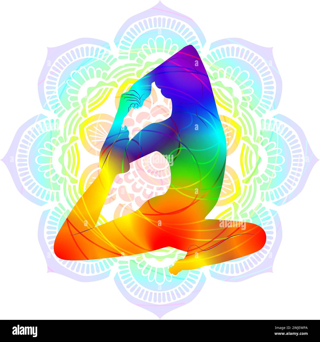 Colorful silhouette of yoga. Eka Pada Raja Kapotasana. Mermaid pose. Intermediate Difficulty. Isolated vector illustration Stock Vector