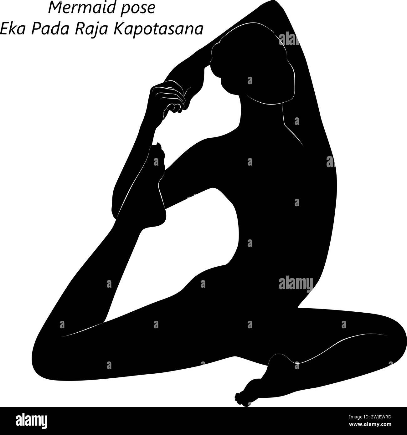 Silhouette of woman doing yoga Eka Pada Raja Kapotasana. Mermaid pose. Intermediate Difficulty. Isolated vector illustration Stock Vector