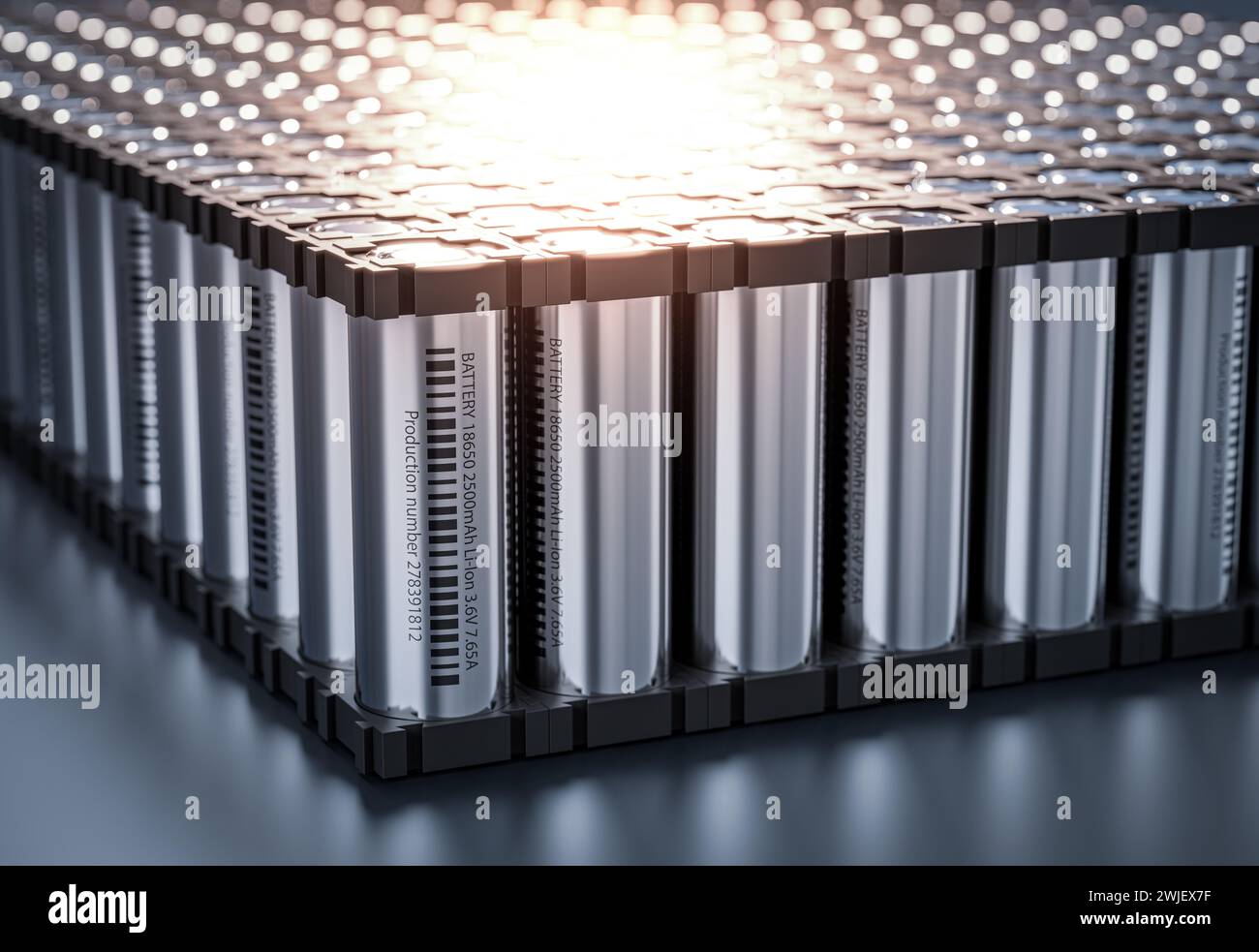 Lithium-ion batteries form a battery pack utilized in electric vehicles. 3d render Stock Photo