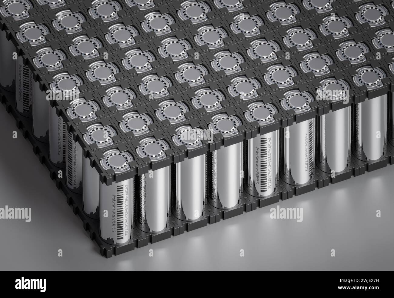 Lithium-ion batteries form a battery pack utilized in electric vehicles. 3d render Stock Photo