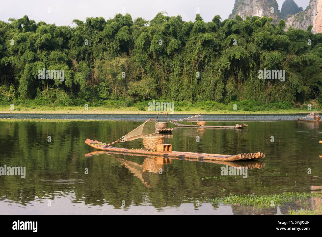 Bamboo rafts moored on the Li River Stock Photo