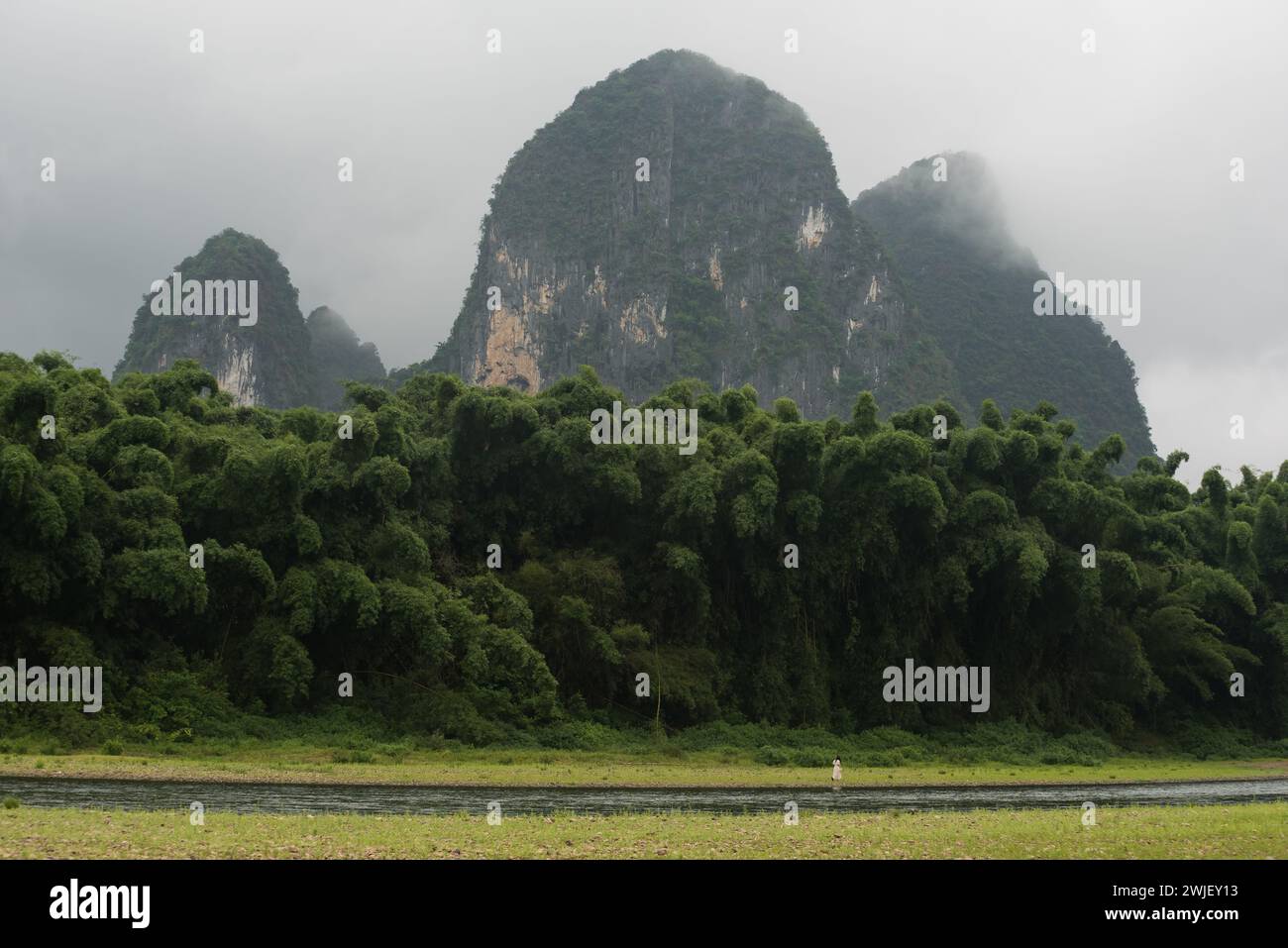 Karst mountains and Li River in the early morning Stock Photo