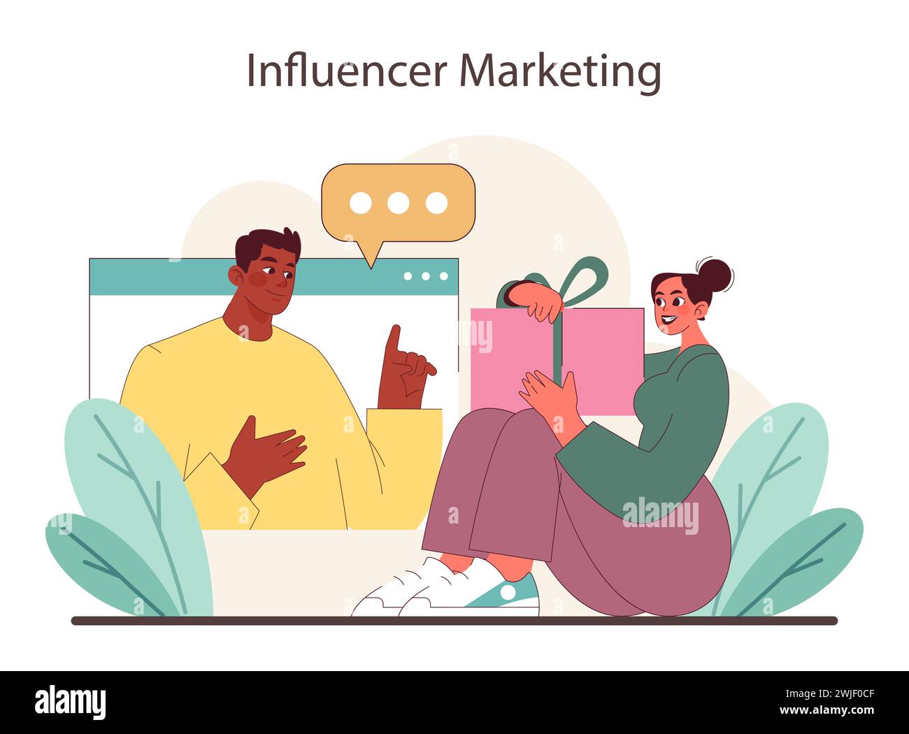 Influencer Marketing concept. A visual representation of influencer partnerships, spotlighting the collaborative approach to brand promotion and consumer engagement. Flat vector illustration. Stock Vector