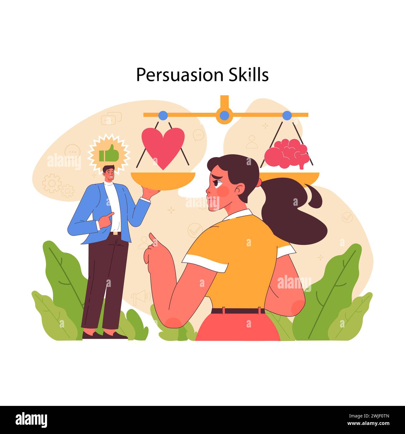 Persuasion skills concept. Animated discussion on values and logic, portraying the art of influencing and reasoning. Strategic debate in progress. Struggling to choose. Flat vector illustration Stock Vector