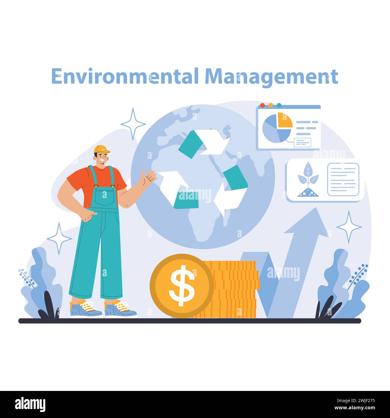 Environmental Management concept. Illustrates sustainable practices and recycling as key aspects in modern operational processes. Reflects commitment to eco-friendly logistics management. Stock Vector