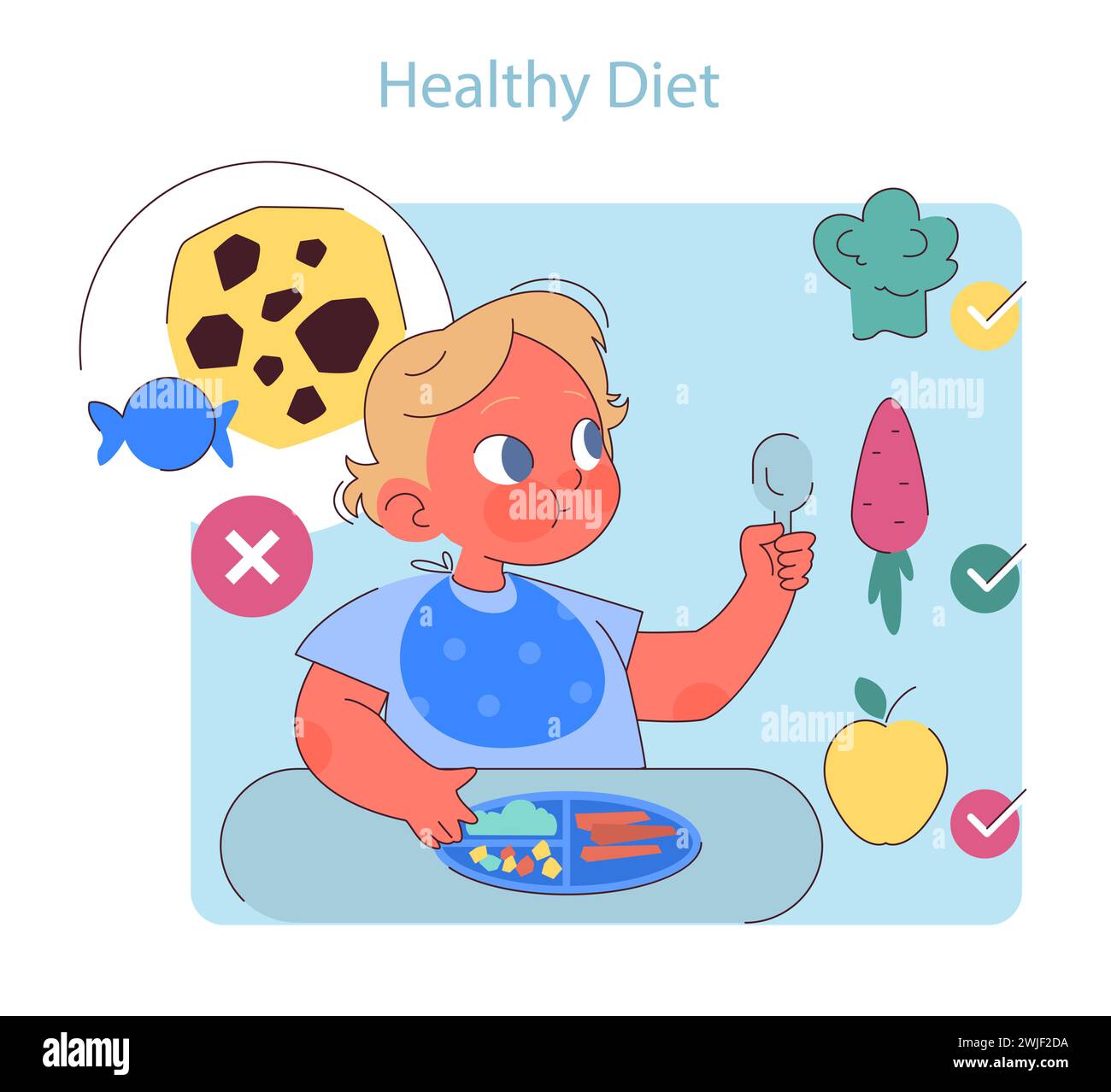 Healthy Diet. A young child makes a wise choice between sweets and vegetables, learning about healthy eating for dental care. Stock Vector