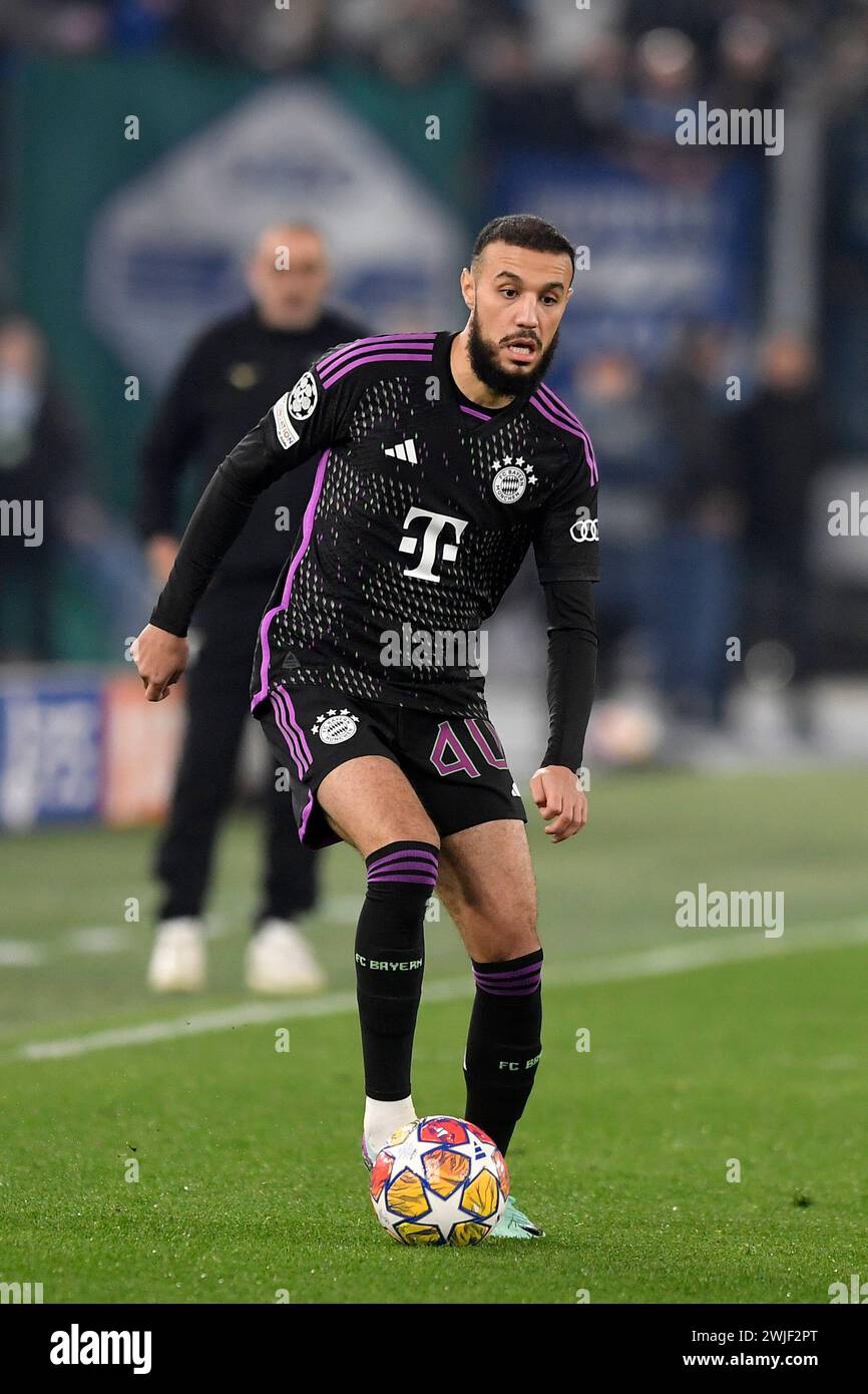 Noussair Mazraoui of Bayern Munechen during  the Champions League football match between SS Lazio and FC Bayern Munchen at Olimpico stadium in Rome (Italy), February 14th, 2024. Stock Photo