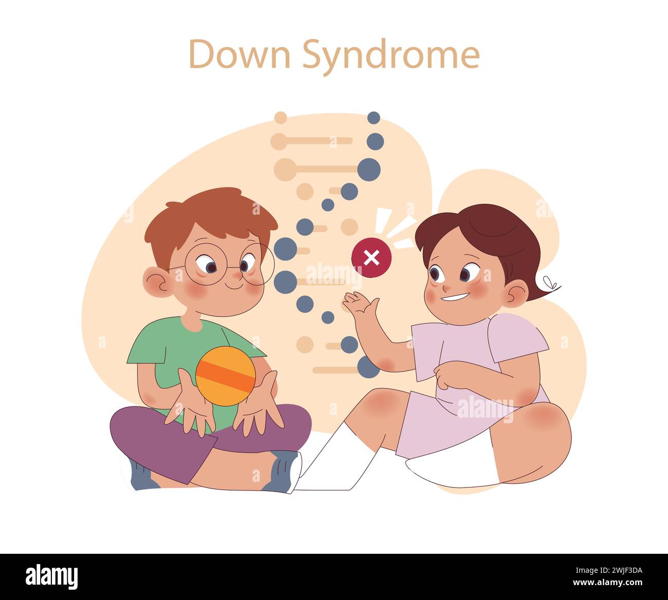 Down Syndrome concept. Children sharing a playful moment, with genetic markers. Awareness and inclusivity in childhood. Stock Vector