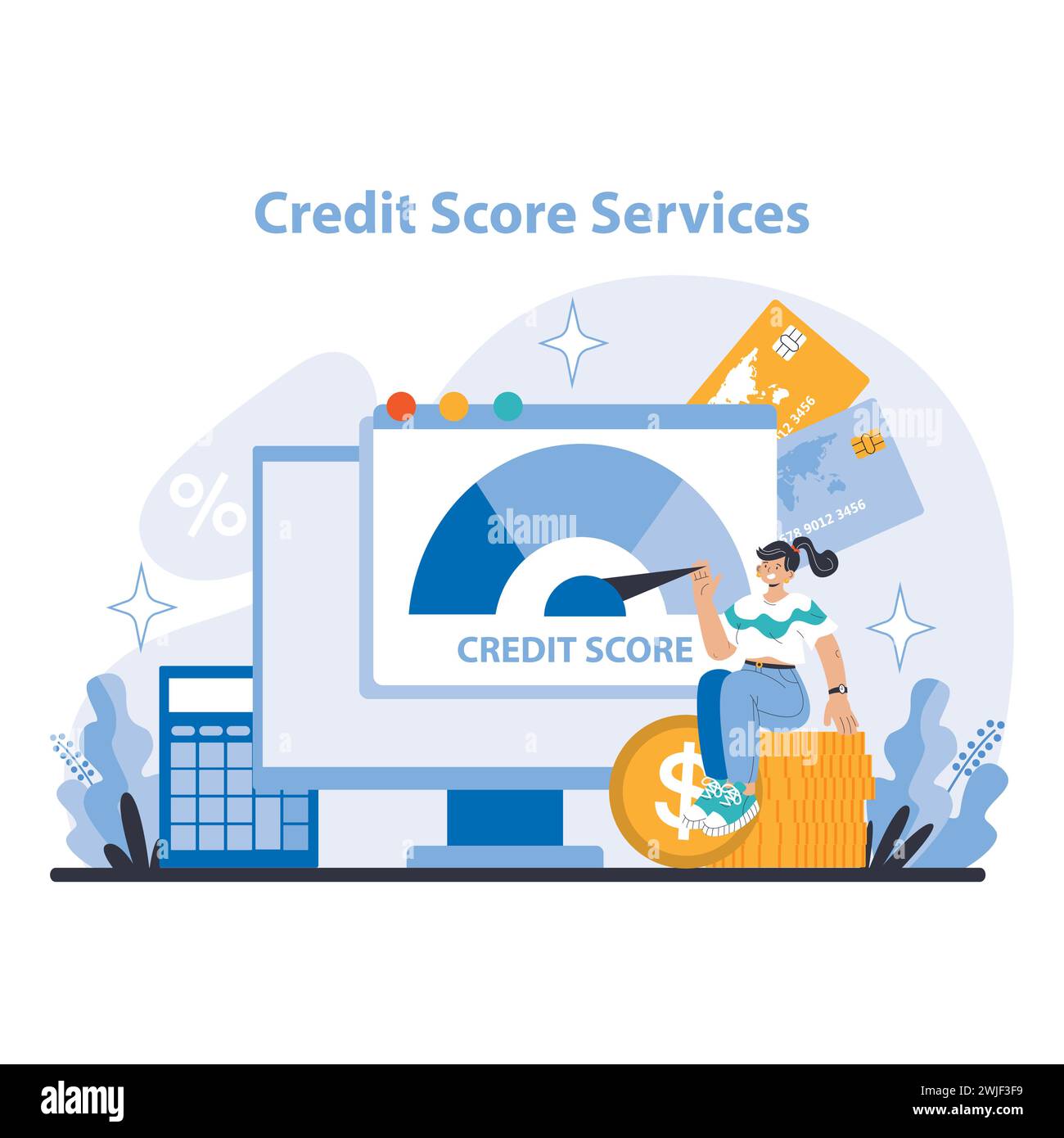 Credit Score Services Concept. Monitoring and improving financial health with credit score analysis. Key to better loan terms and opportunities. Flat vector illustration. Stock Vector