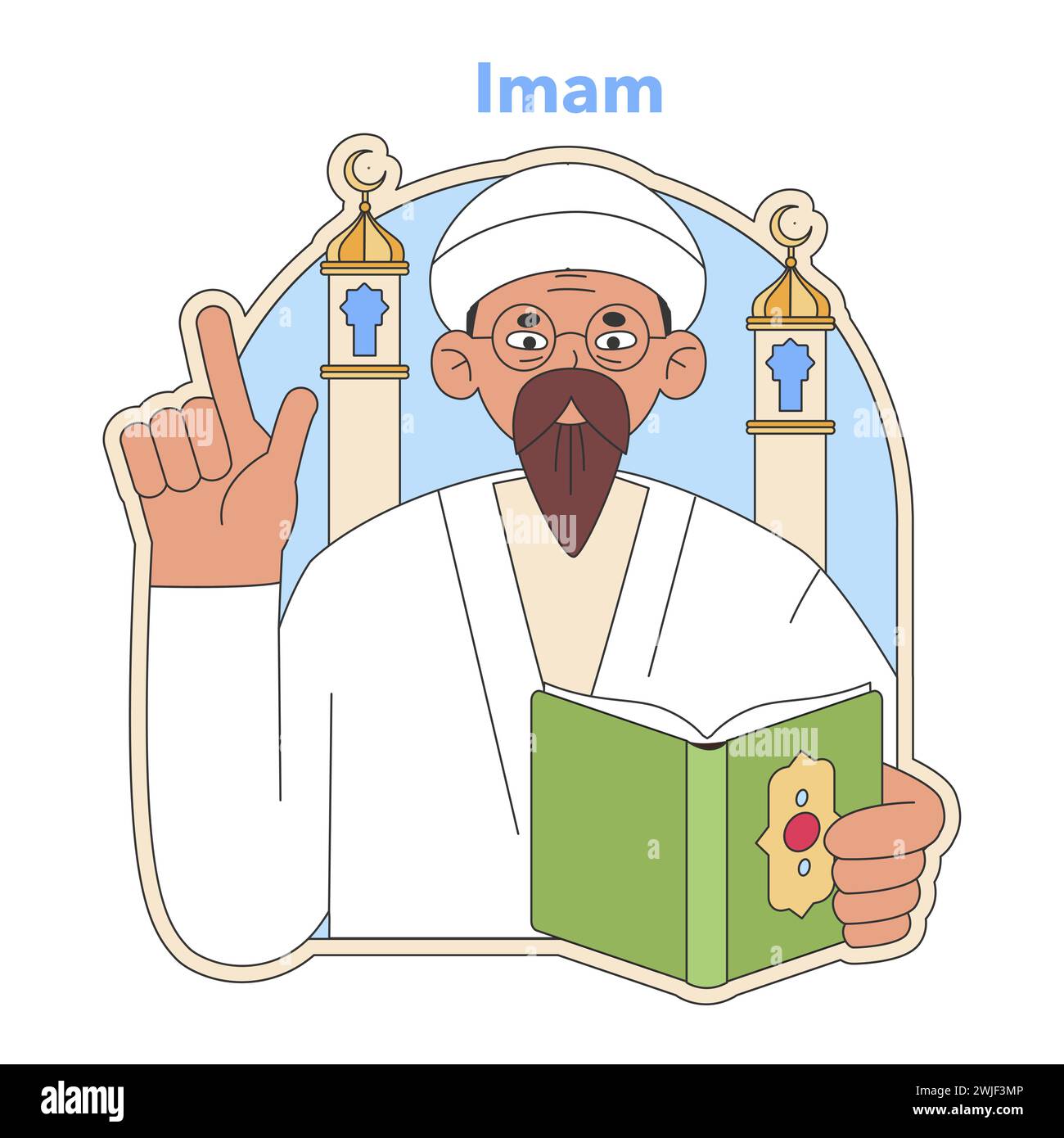 Imam leading prayer concept. Islamic religious leader with mosque 