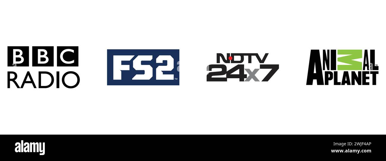 Fox Sports 2, NDTV 24X7 , Animal Planet, BBC Radio. Editorial vector logo collection. Stock Vector