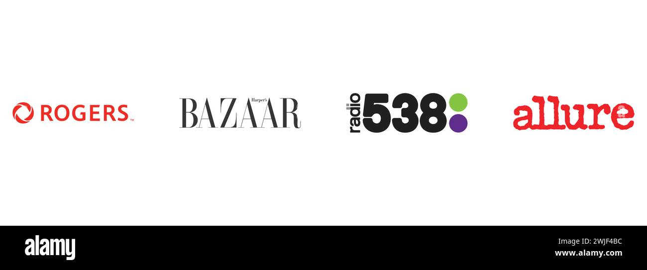 Allure, Radio 538, Harpers Bazaar, Rogers. Editorial vector logo collection. Stock Vector