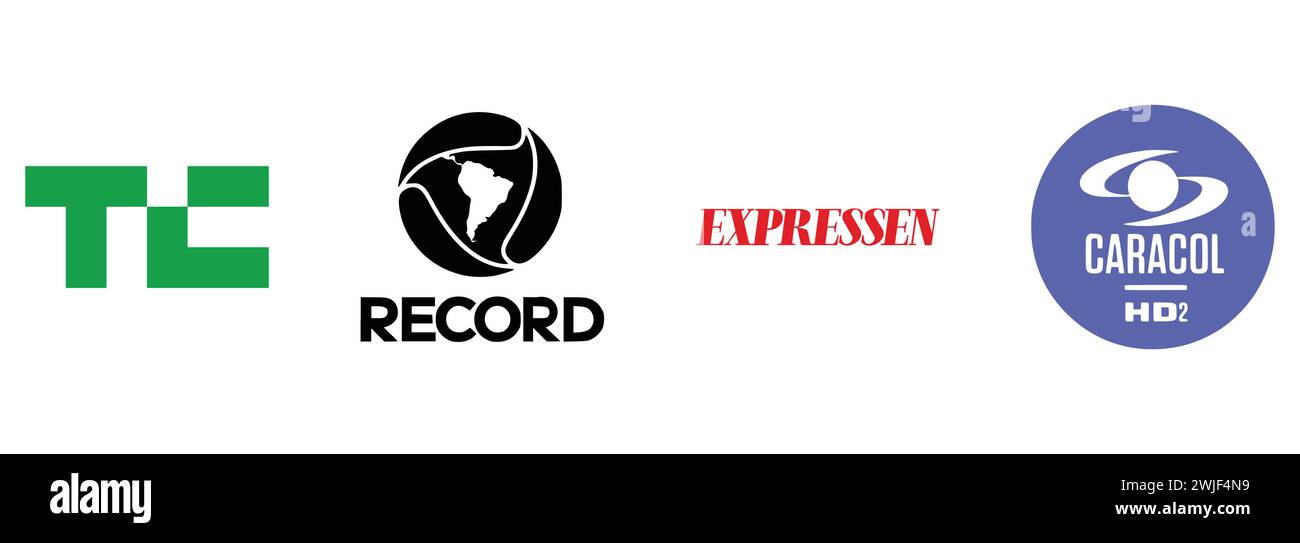 Rede Record, Caracol Television HD2, Expressen, TechCrunch. Editorial vector logo collection. Stock Vector
