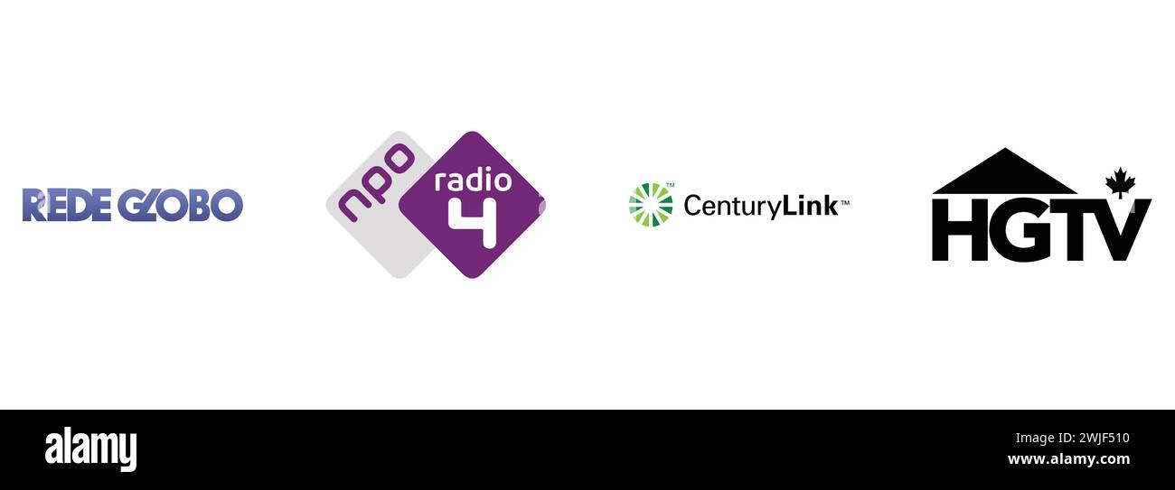 Rede Globo, NPO Radio 4 , HGTV Canada, CenturyLink. Editorial vector logo collection. Stock Vector