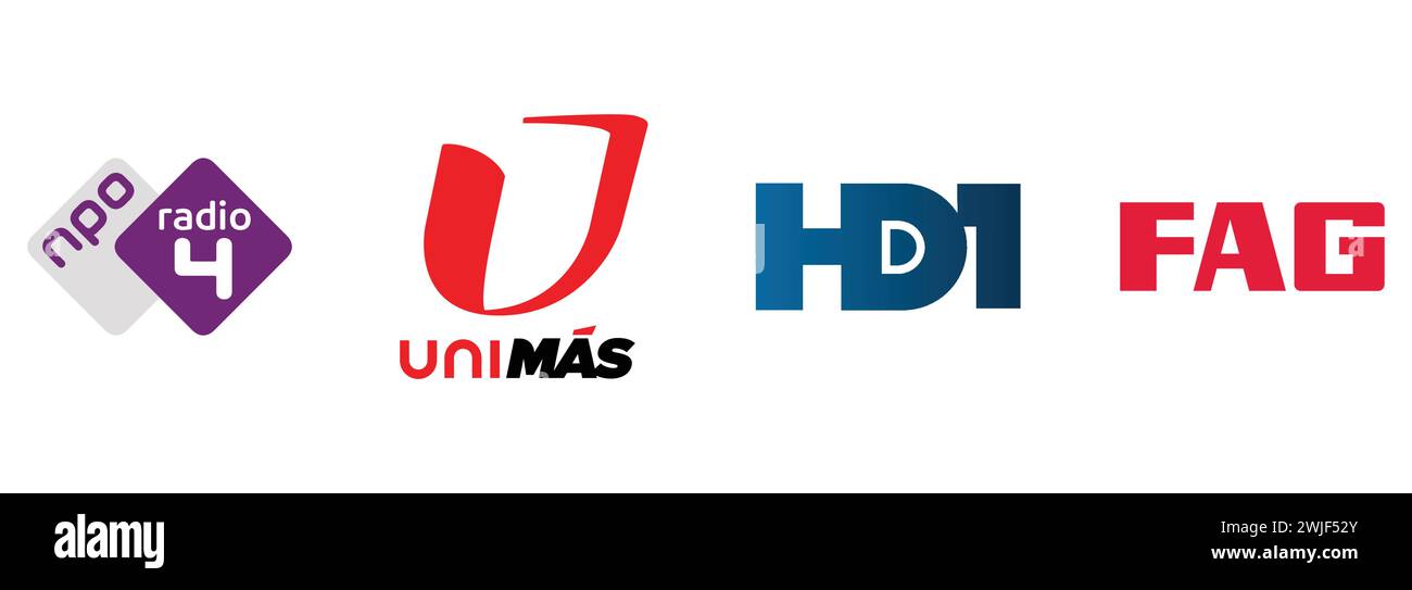 FAG, HD1, NPO Radio 4, UniMas. Editorial vector logo collection. Stock Vector