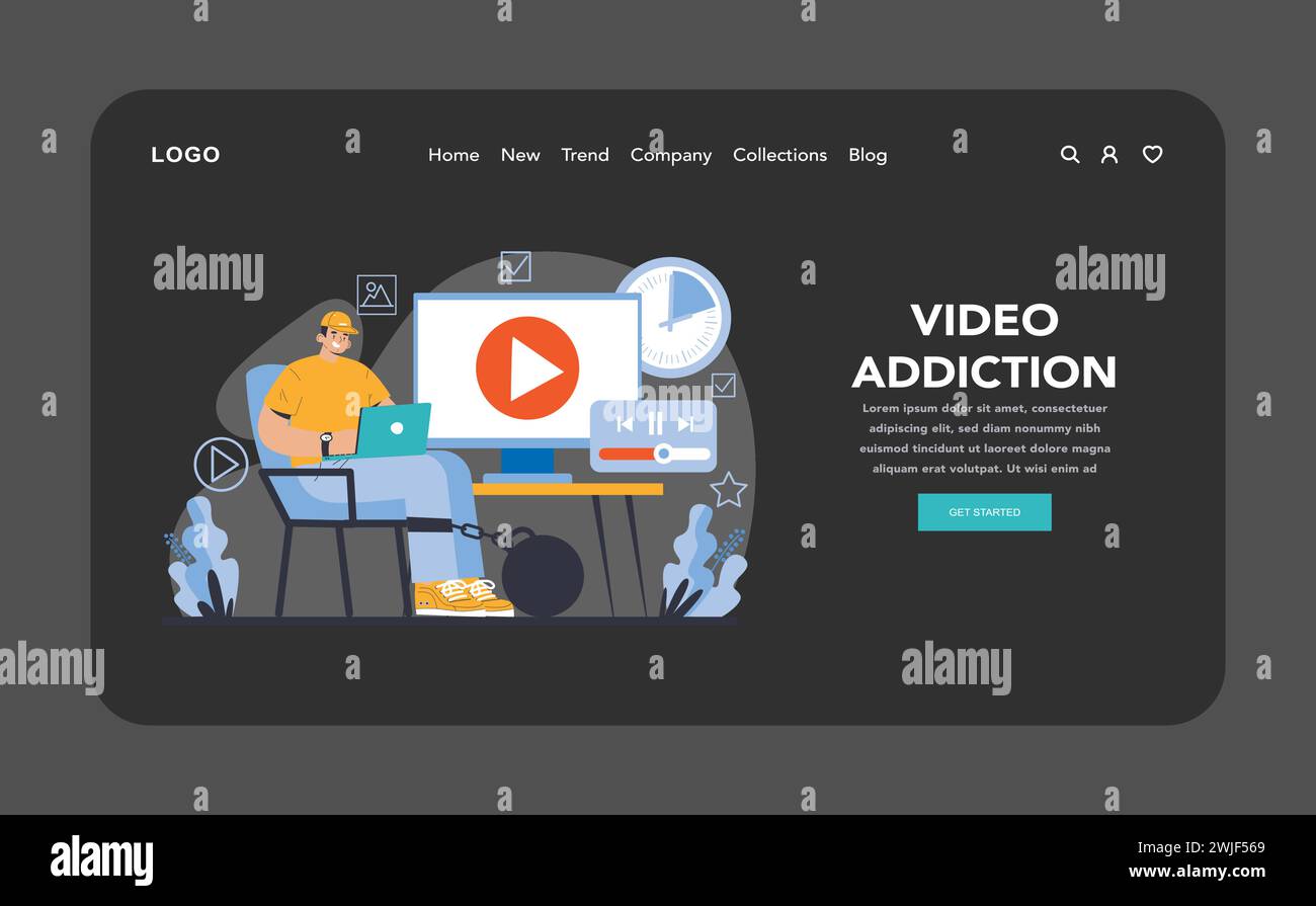 Internet addiction night or dark mode web or landing page. An engaging depiction of a person entrapped by the endless cycle of video streaming, illustrating the issue of video addiction. Stock Vector