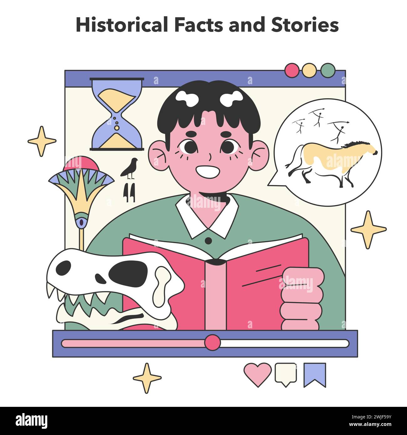 Historical Facts and Stories concept. Discovering the past through engaging visuals of artifacts and timelines. Educational journey in history. Flat vector illustration. Stock Vector