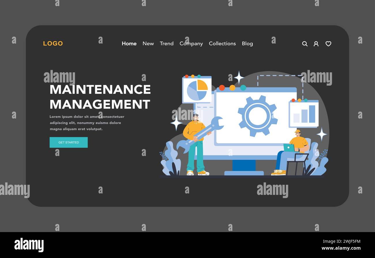 Maintenance Management night or dark mode web or landing page. Efficient machinery upkeep through systematic monitoring. Technicians ensure operational integrity. Flat vector illustration. Stock Vector