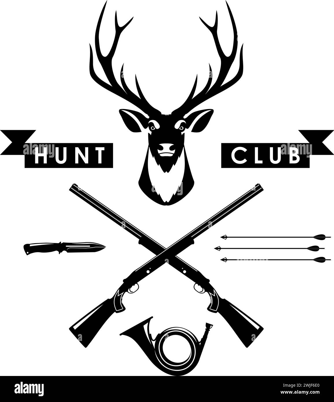 Deer Head, Wooden Arrows, Knife, Crossed Hunting Rifles and Banner of