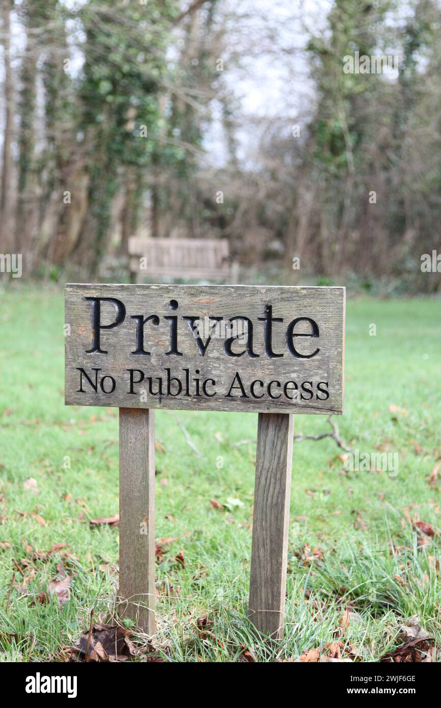 Wooden sign, Private, no public access in a field at West Horsley Place (Button House), Surrey