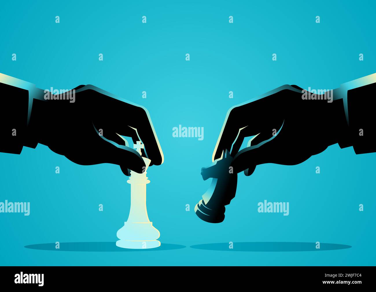 Business concept of businessmen playing chess, featuring a king chess piece against a knight chess piece, competition, and strategic moves in business Stock Vector
