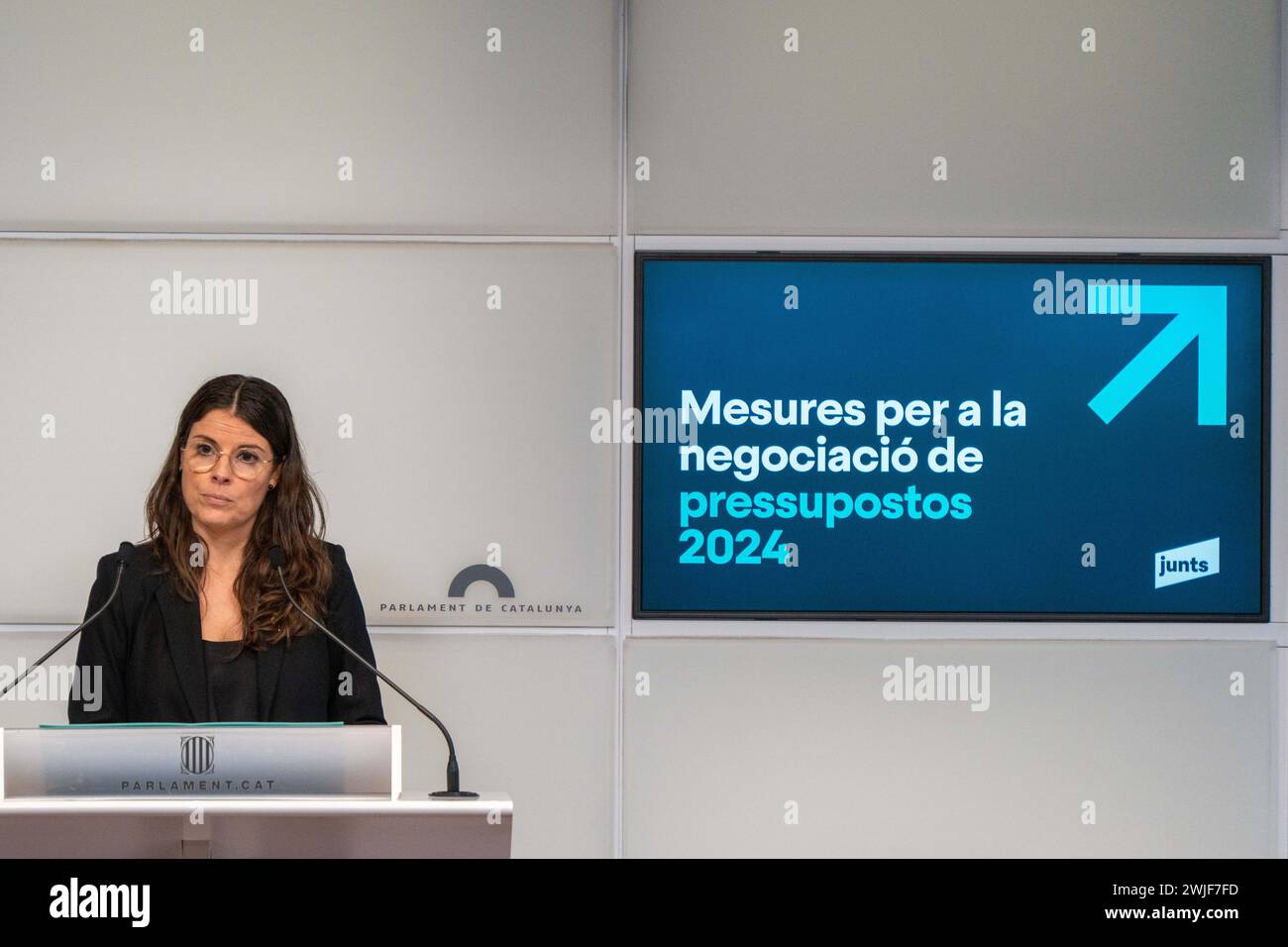 February, 15, 2024 Barcelona, Spain Politics Barcelona-Press conference of Junts. The spokesperson of the parliamentary group of the party 'junts' explains the conclusions reached in the negotiations with the government in order to approve the budgets of the Catalan government. They have demanded the management of the elimination of the inheritance tax on first-degree relatives, as well as measures to stimulate the economy.' 'La portavoz del grupo parlamentario del partido 'junts' explica las conclusiones a las que han llegado en las negociaciones con el gobierno para aprobar los presupuestos Stock Photo