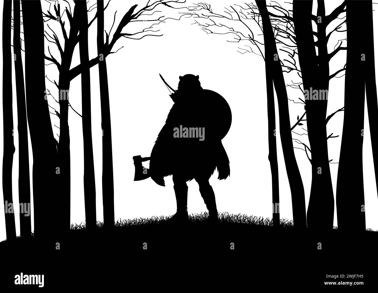 Silhouette of Viking berserker wearing bear skin holding an axe in the woods, vector illustration Stock Vector