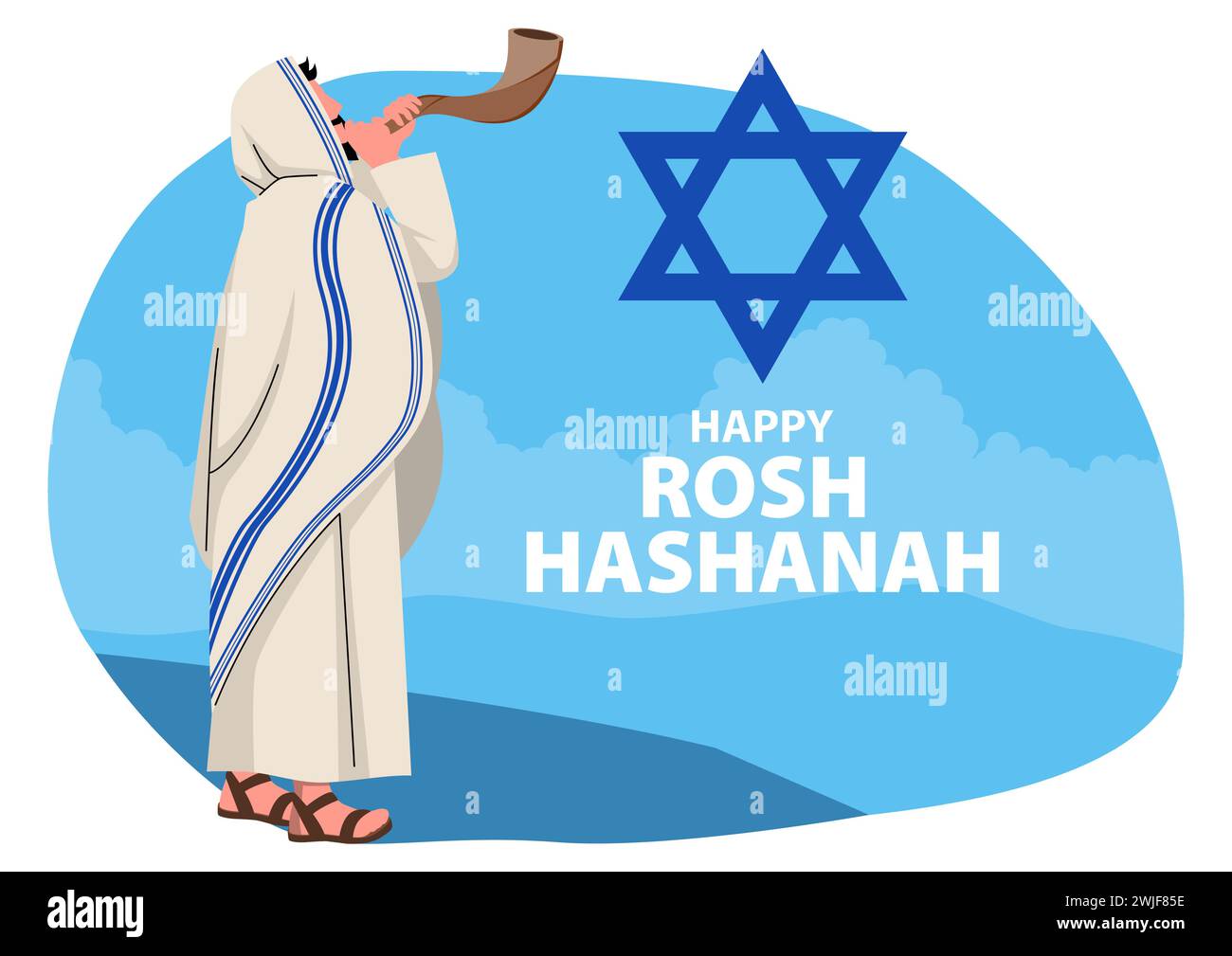 Clip art of Jewish man blowing the Shofar ram’s horn on Rosh Hashanah