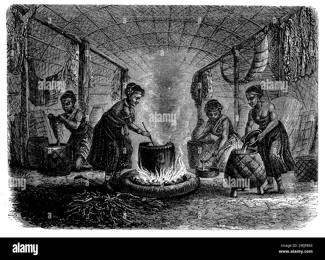 African beer preparation boiling in a cauldron fermented starches from cereal grains, mostly barley, 19th century illustration Stock Photo