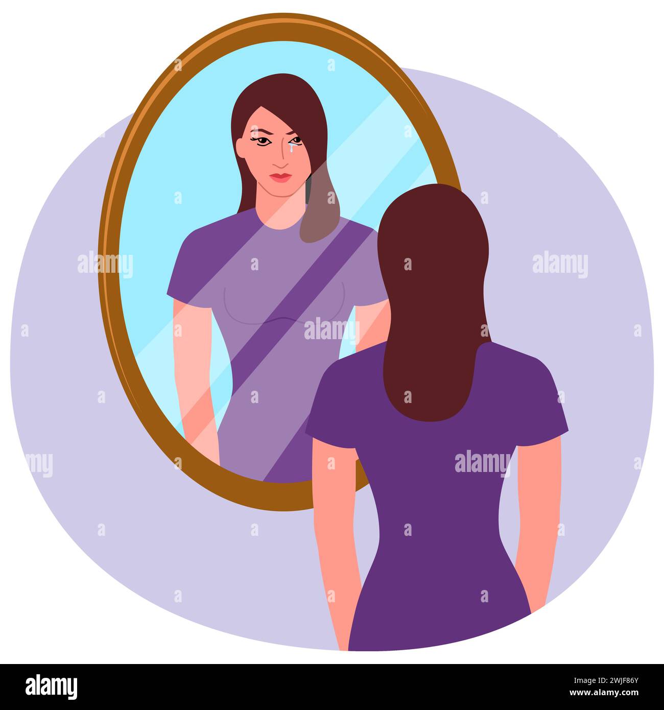 Clip art of a sad young woman looking in the mirror, loneliness, depression, bipolar concept, vector illustration Stock Vector