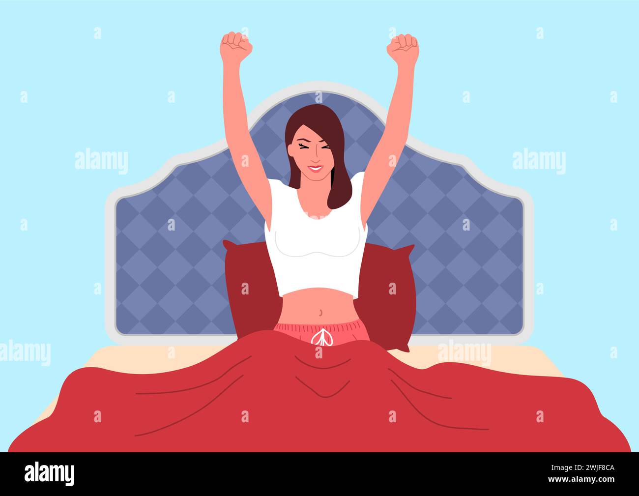 Beautiful Young Woman Stretching In Bed After Waking Up In The Morning Daily Routine Optimism
