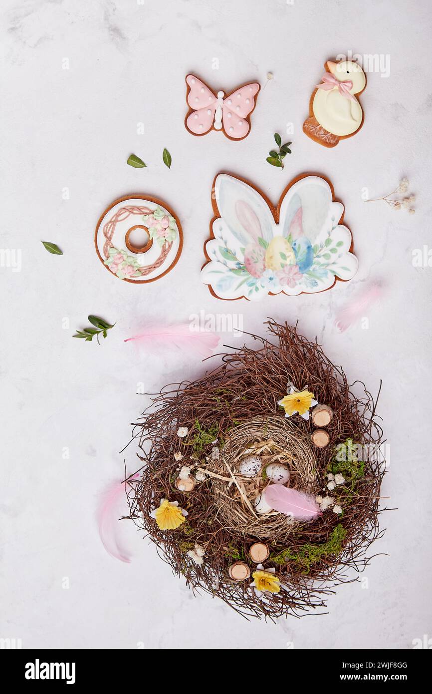 Nest, Fluffy feathers and decorated pastel Easter cookies. Vertical photo. Stock Photo