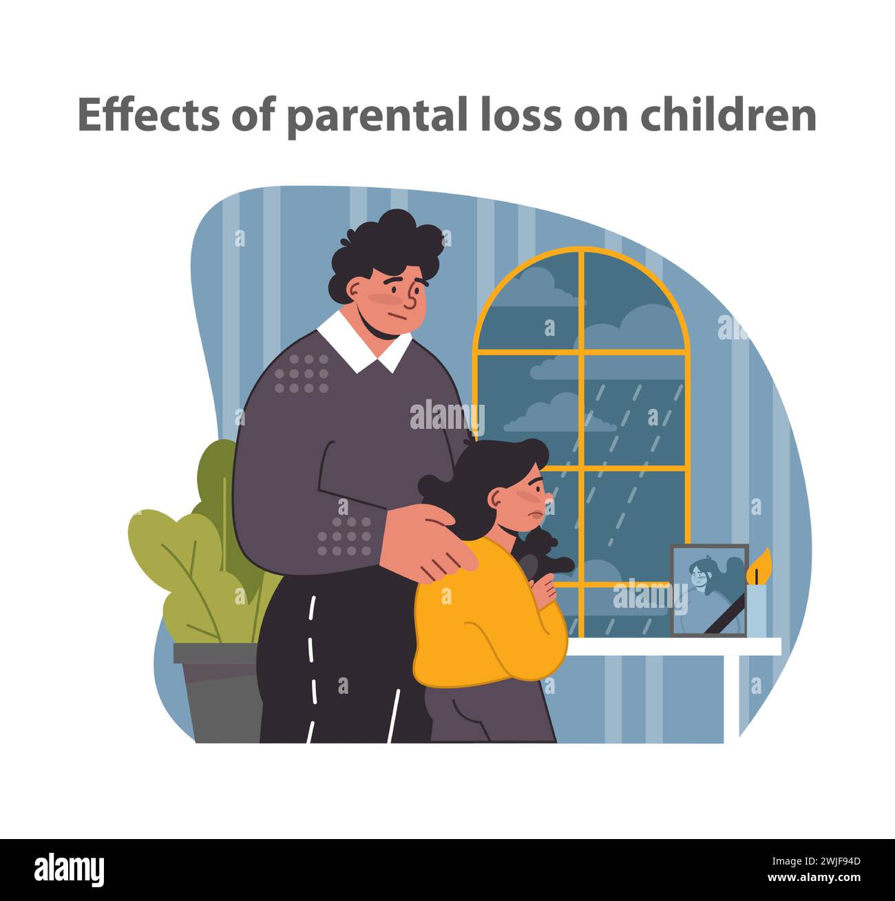 Parental loss on children. A tender moment of family strength, facing the void together. Flat vector illustration. Stock Vector