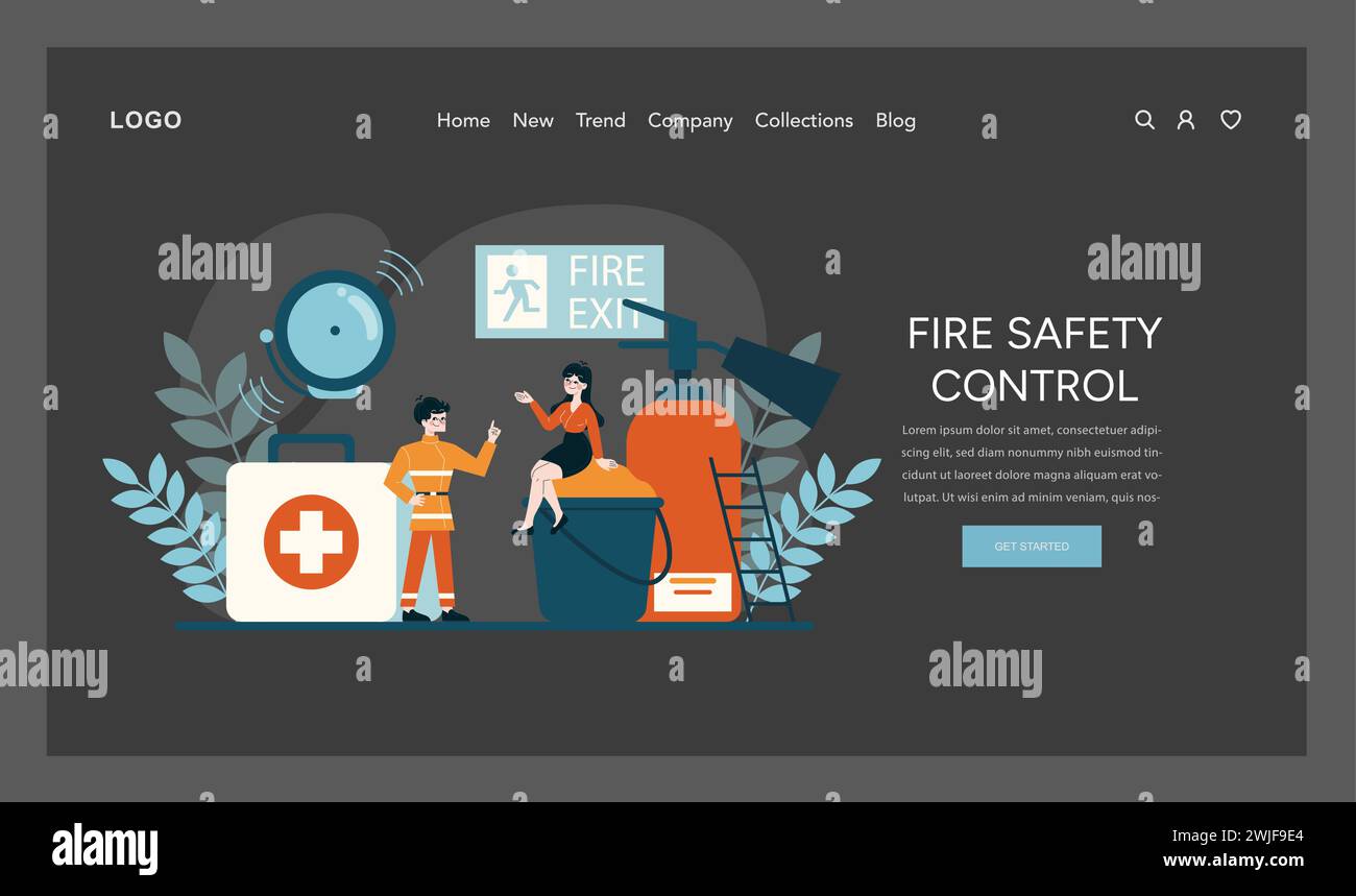 Fire Safety Control vector. Workers engage with fire safety equipment