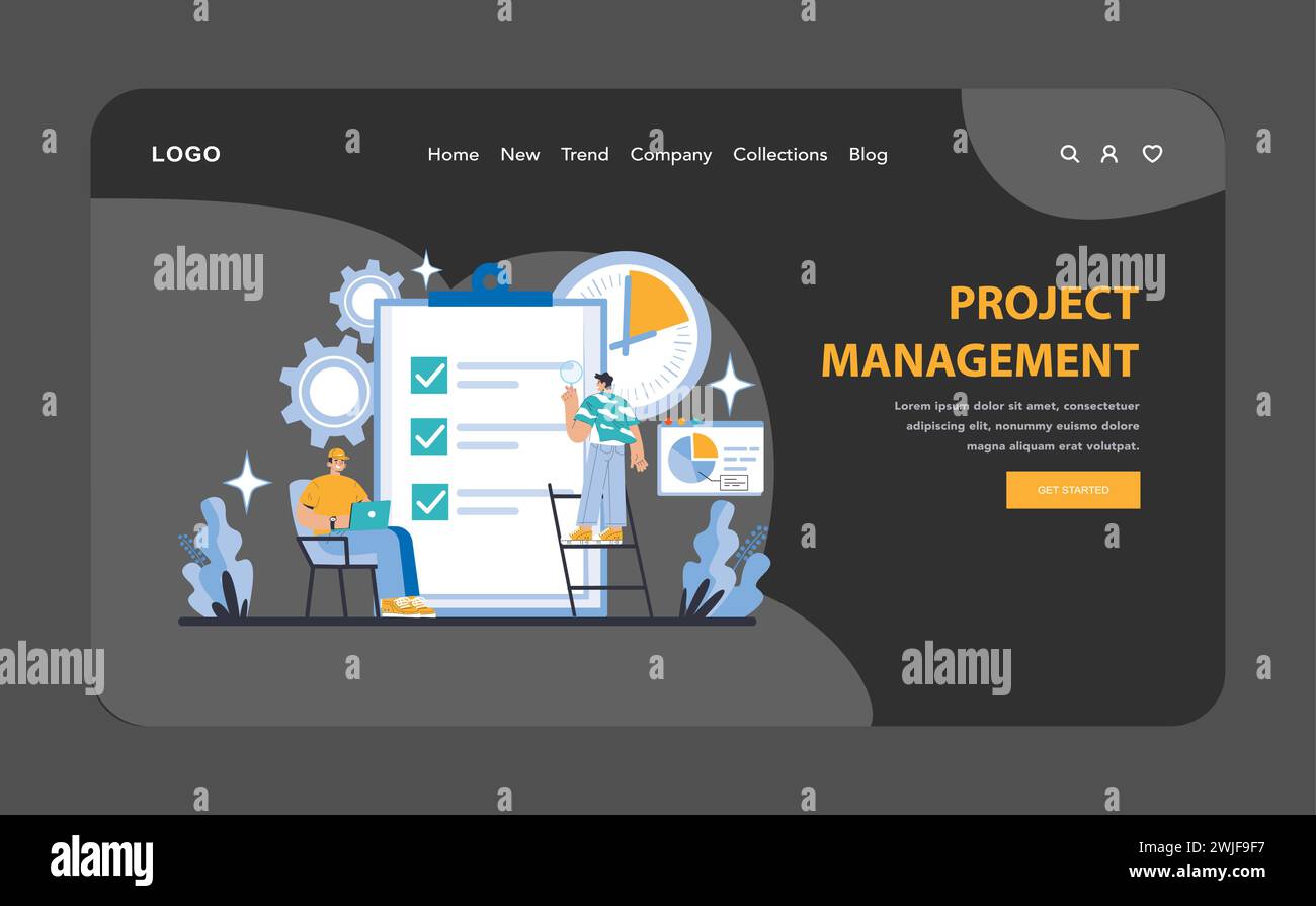 Project Management night or dark mode web or landing page. Illustration ...