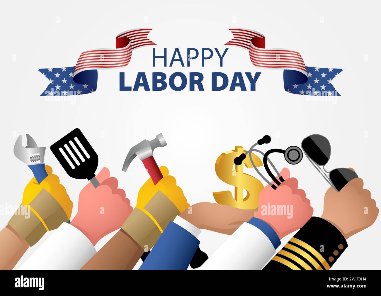 Hands holding equipment and tools represent various occupations, for America Labor Day poster or greeting card template, vector illustration Stock Vector