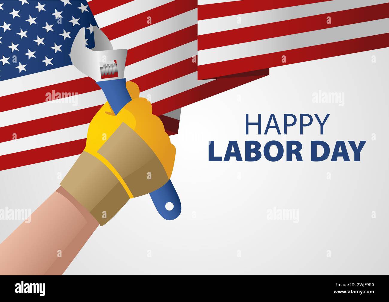 Hand holding a wrench on USA flag, for Labor Day poster or greeting card template, vector illustration Stock Vector