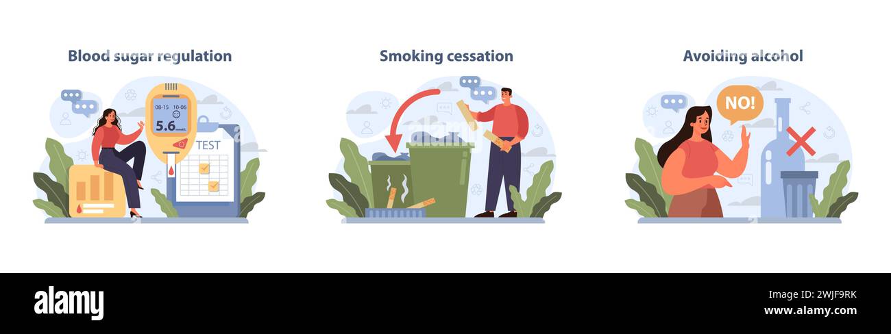 Healthy Life actions set. Visual guide to managing blood sugar ...