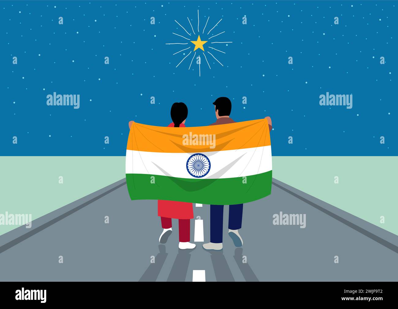 Boy and girl holding the flag of India while walking on the road to reach the stars, metaphor for welcoming a better future, optimism and ambition Stock Vector