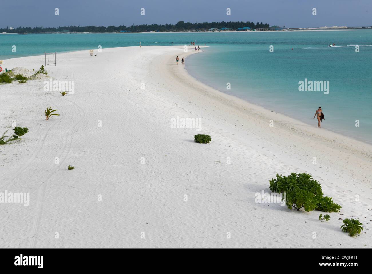 View at the beach of Villa Park resort on Ari atoll in Maldives Stock Photo