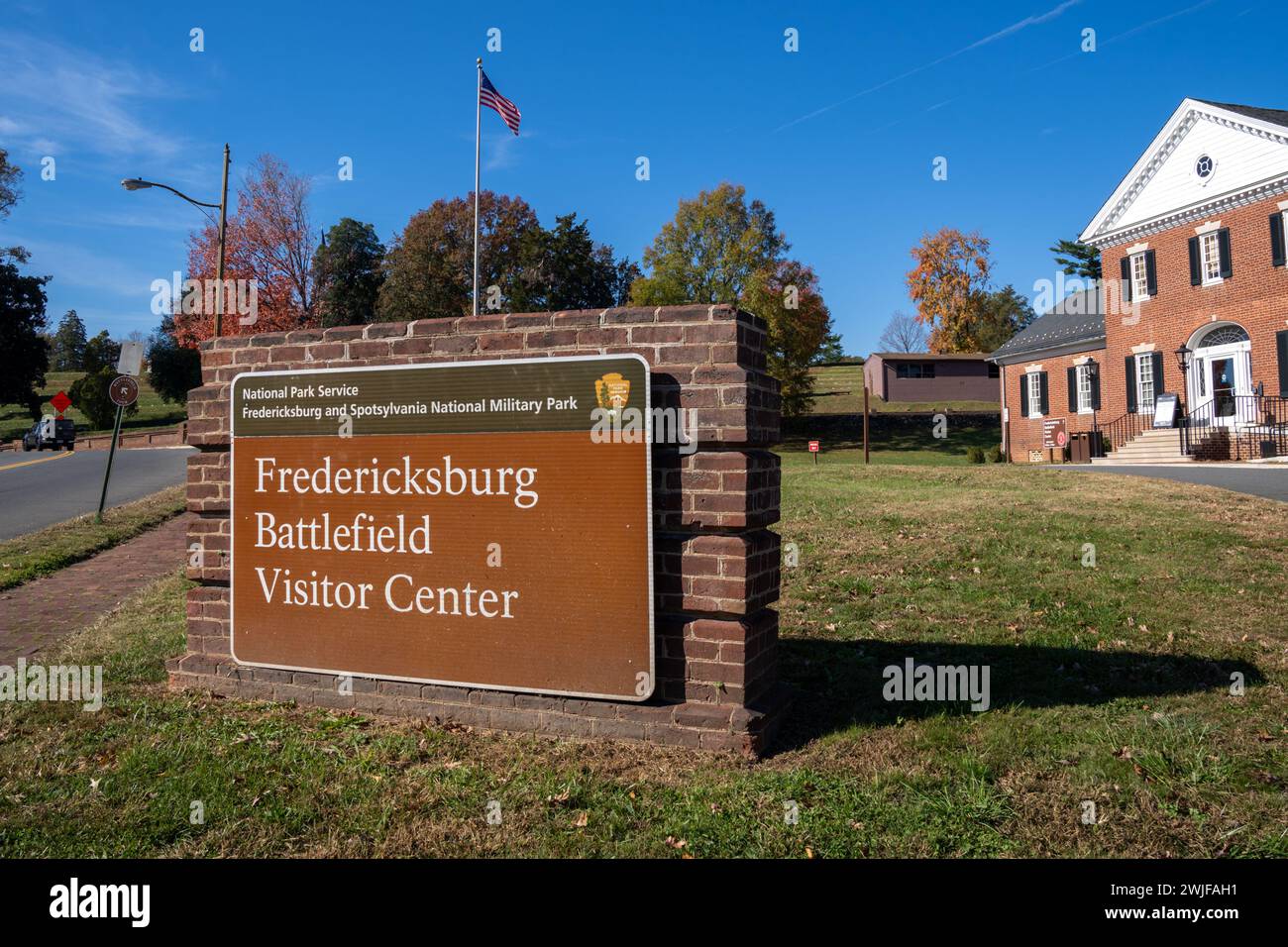 Fredericksburg, Virginia - November 4, 2023: Sign for the Battle of Fredericksburg Visitor Center - Spotsylvania Military Park - American Civil War Stock Photo