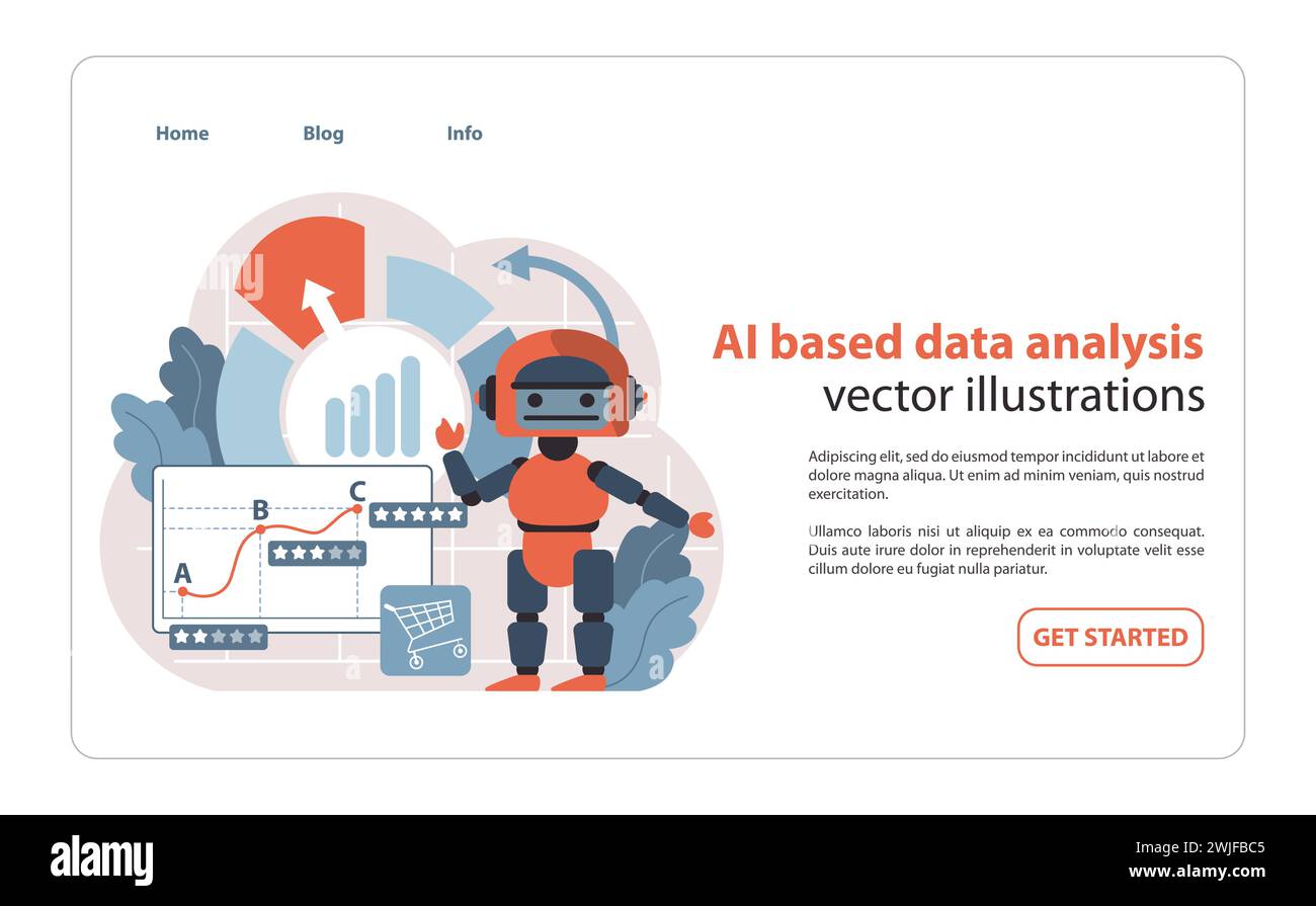 AI-Powered Data Analysis. Advanced robotics integrating with analytics for comprehensive business intelligence. Illustrating machine learning's role in data-driven decision-making. Flat vector. Stock Vector