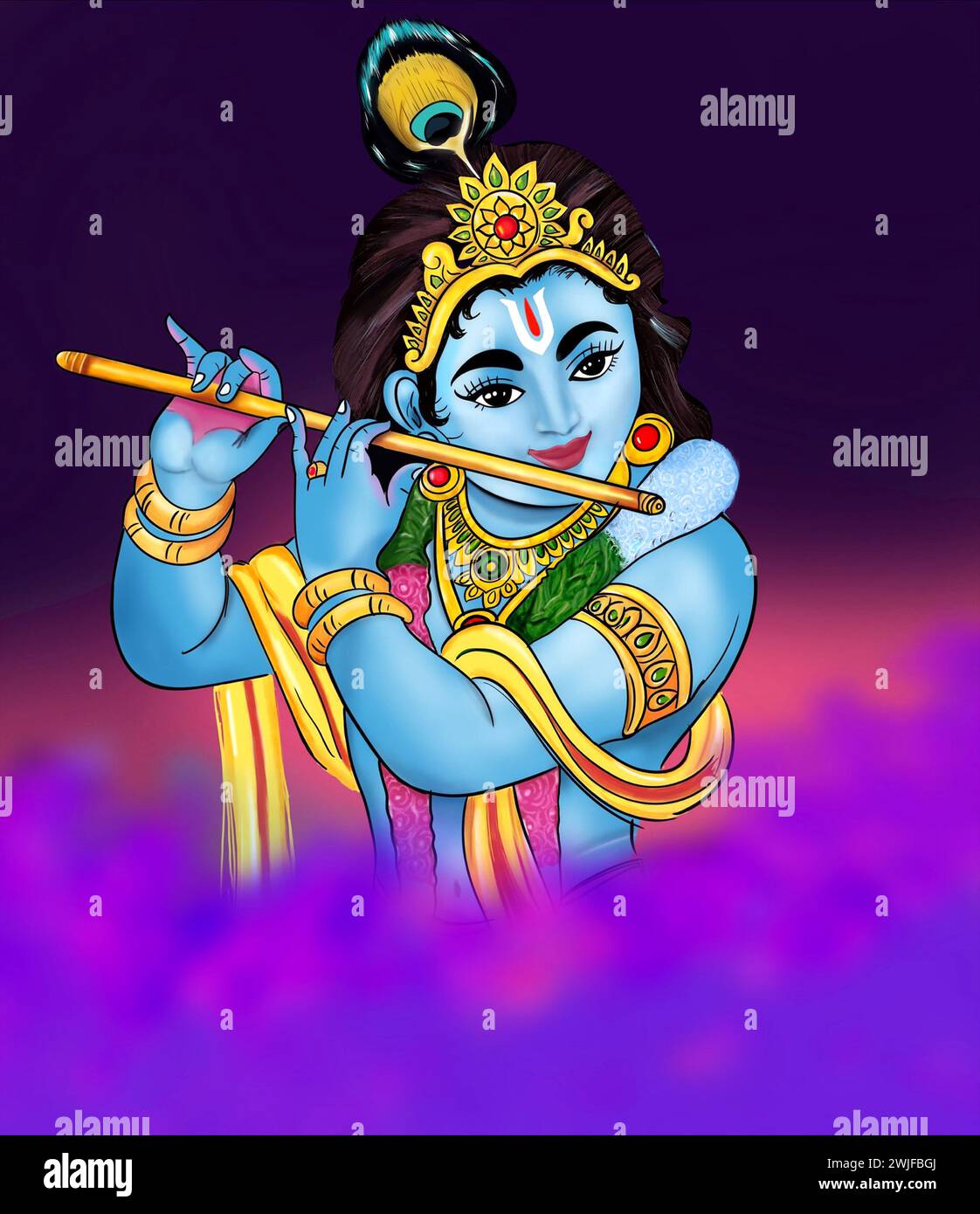 Lord Krishna Flute Playing Realistic  Painting Stock Photo