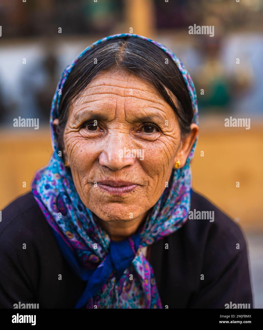 A portrait of a Ladakhi woman wearing a headscarf, looking at the camera. Stock Photo