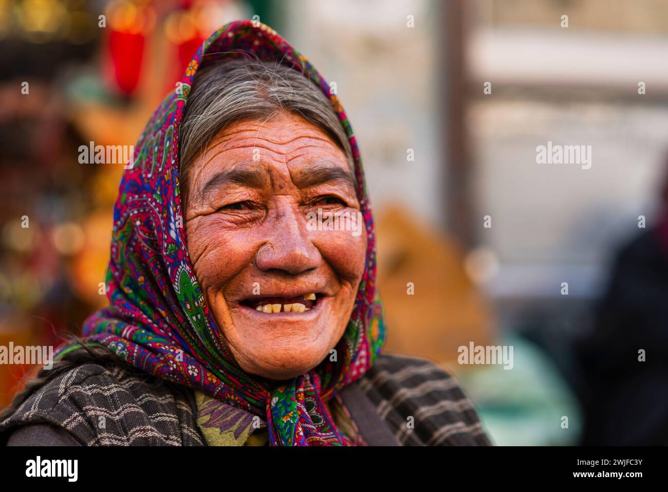 A portrait of a Ladakhi woman wearing a headscarf, looking away from the camera. Stock Photo