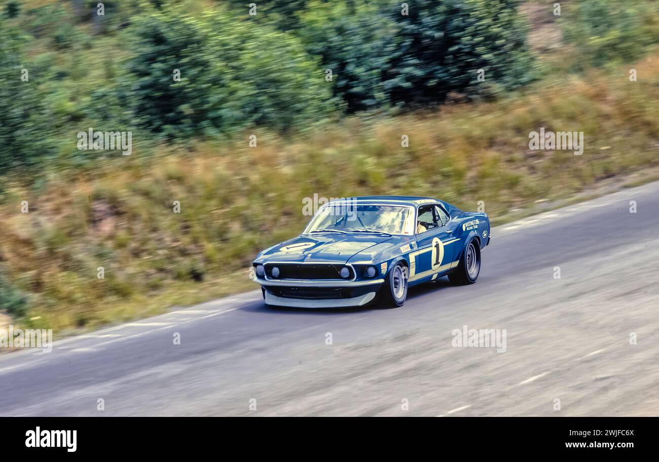 Peter Revson driving a Shelby Racing Ford Mustang Boss 302 at the 1969 Trans-Am at  Circuit Mont-Tremblant in St. Jovite, Quebec, DNF Stock Photo