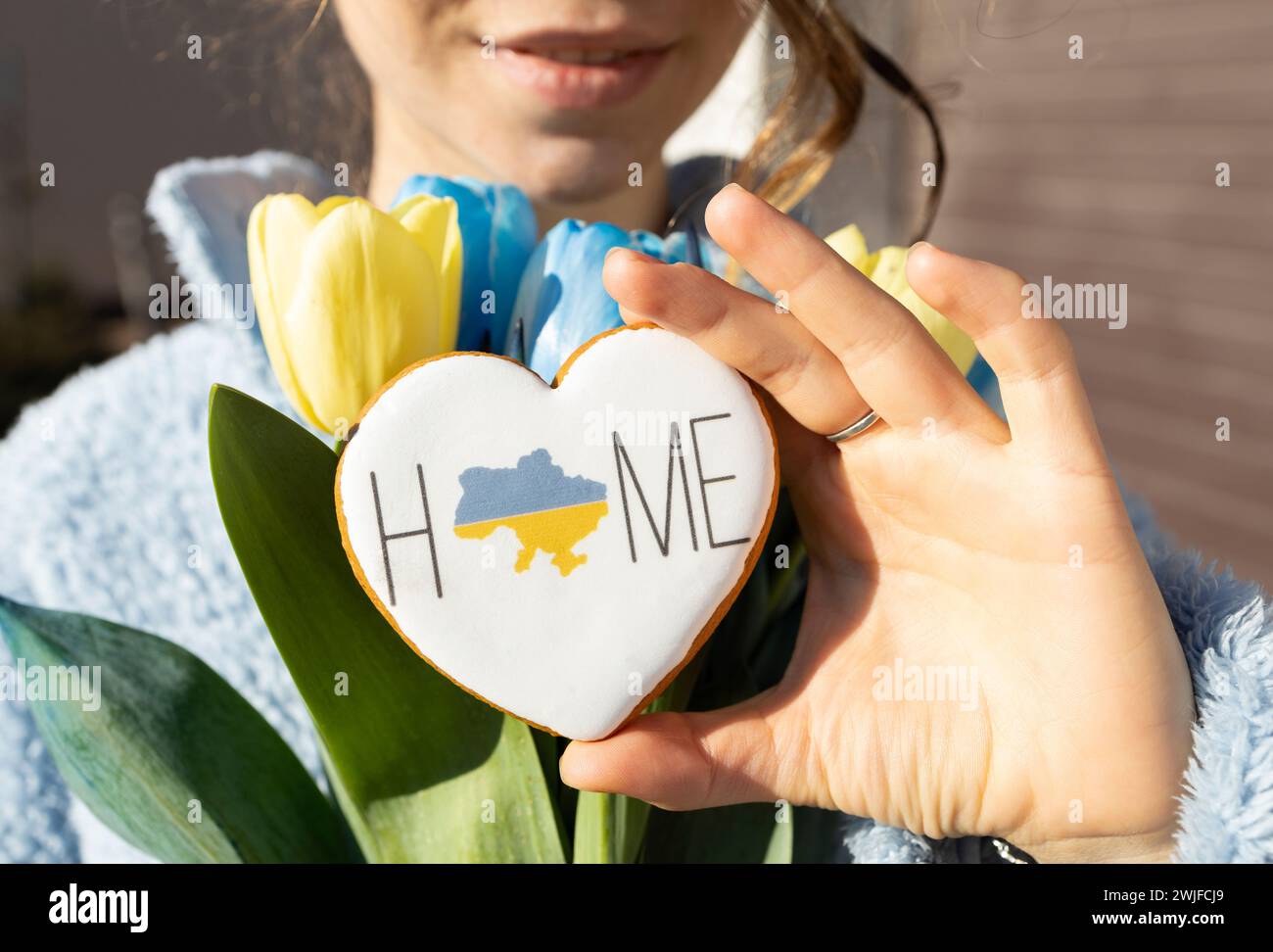 gingerbread in the shape of a heart with a map of Ukraine and the inscription Home in female hand. Peace to Ukraine. peaceful concept. Independence Da Stock Photo
