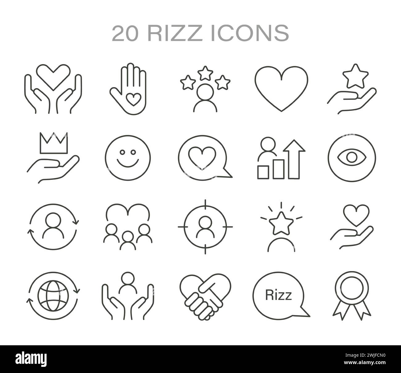 Rizz icon set. Minimalist line icons representing various aspects of social interaction and personal growth. Symbols of care, success, and vision. Vector illustration. Stock Vector