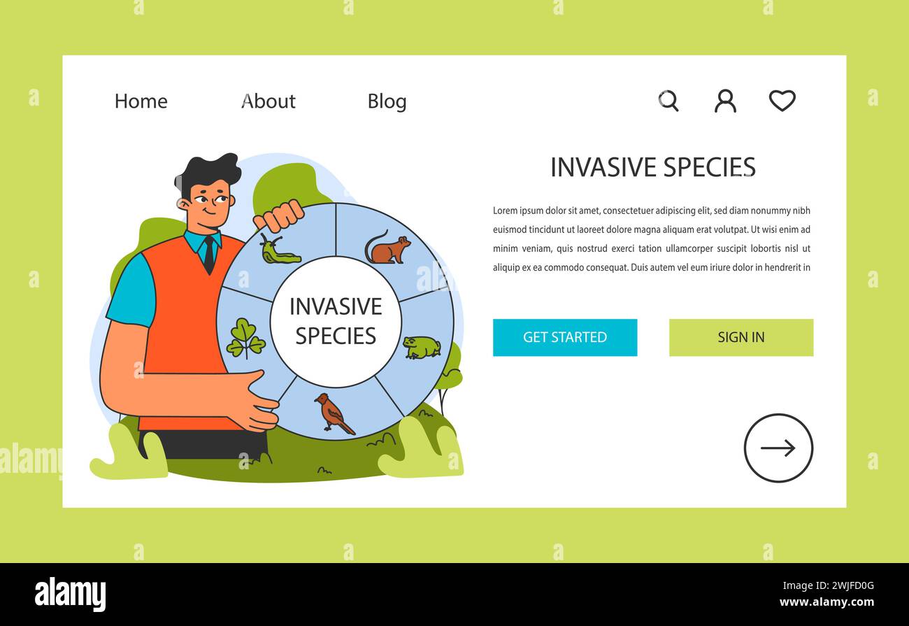 Researcher with a wheel of various invasive species web banner or landing page. Organism impacting natural habitats. Biodiversity disruption. Ecosystem's balance threat. Flat vector illustration Stock Vector